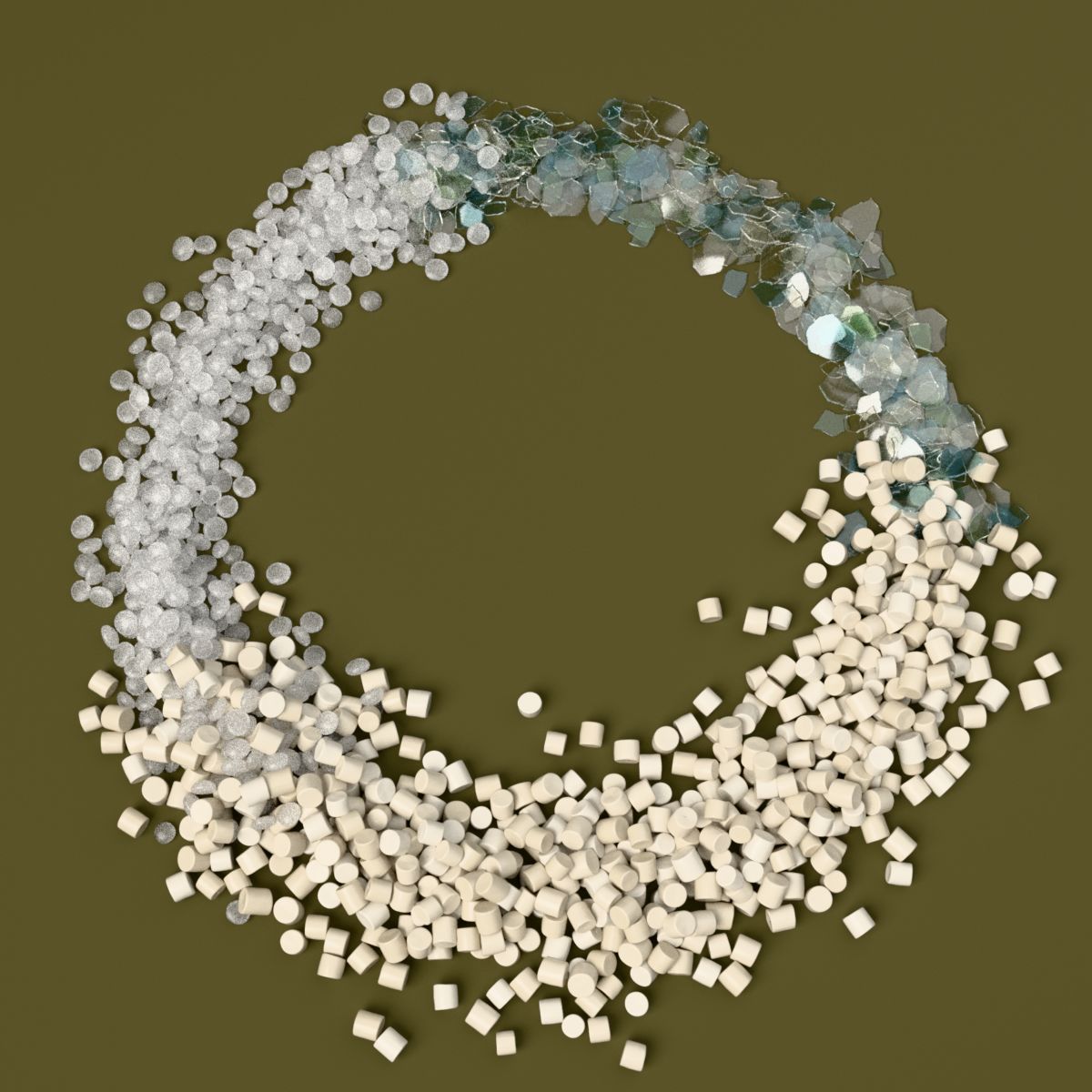 HDPE granules, LDPE granules and PET flakes arranged in an open circle on an olive green surface