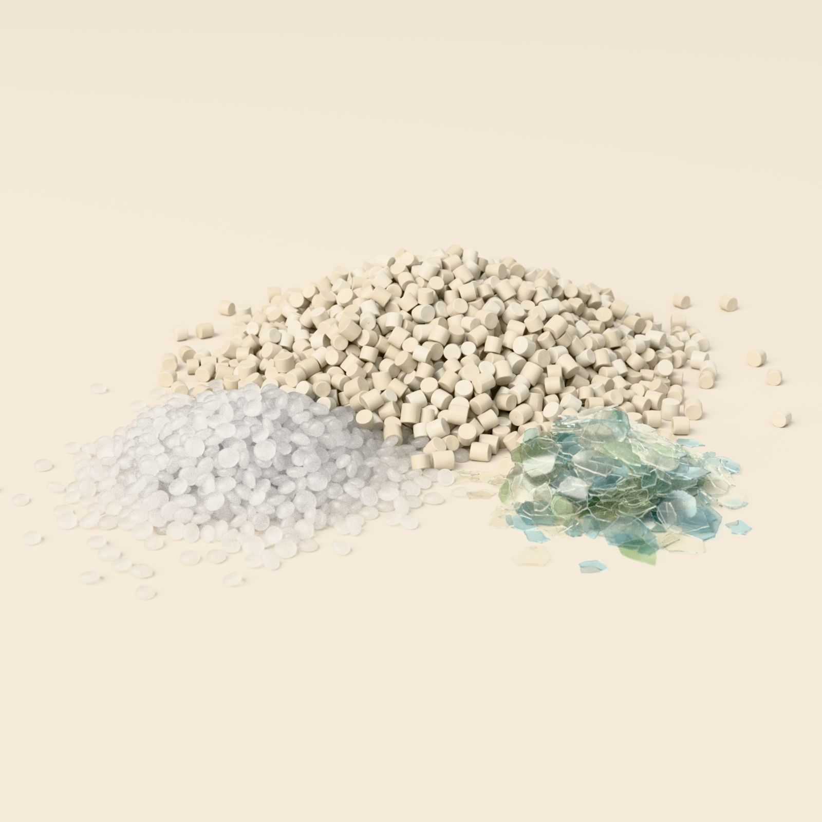 HDPE granules, translucent LDPE granules and clear PET flakes arranged in three heaps on a warm ivory surface