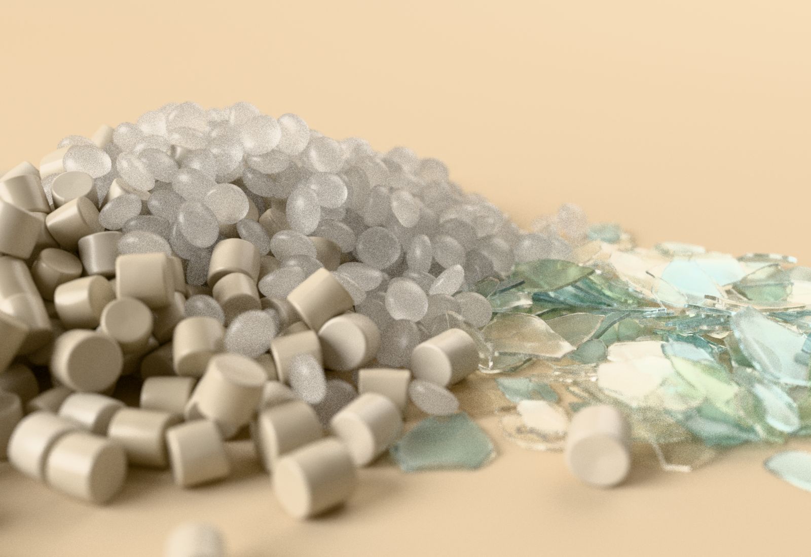 Close-up of HDPE granules, translucent LDPE granules and clear PET flakes side by side