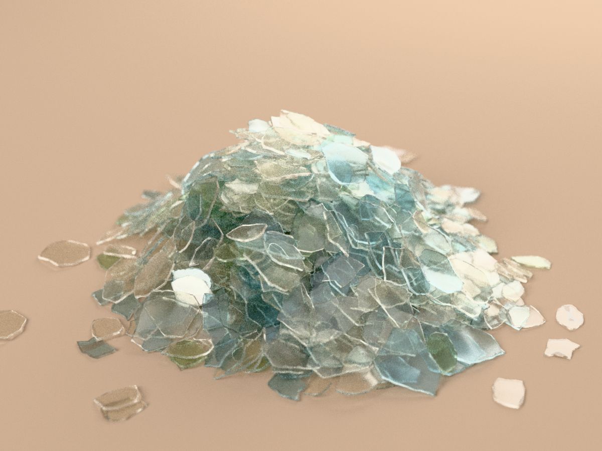 A heap of thin, irregular clear and pale-blue PET flakes on a warm taupe surface